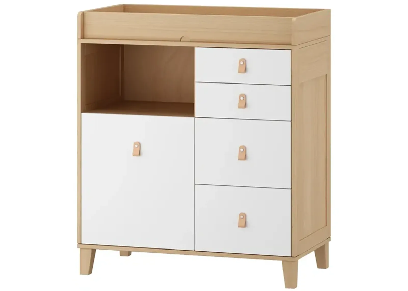 33.5 in. W Burly Wood Grain and White Rectangle Wooden End/Side Table with 5 Drawers, Top Storage Surface and Open Shelf