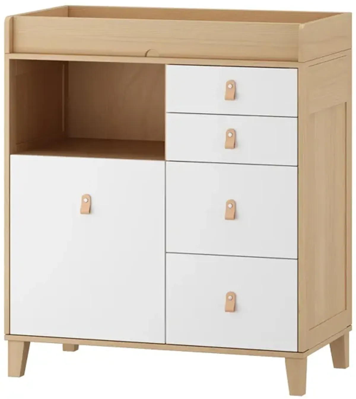 33.5 in. W Burly Wood Grain and White Rectangle Wooden End/Side Table with 5 Drawers, Top Storage Surface and Open Shelf