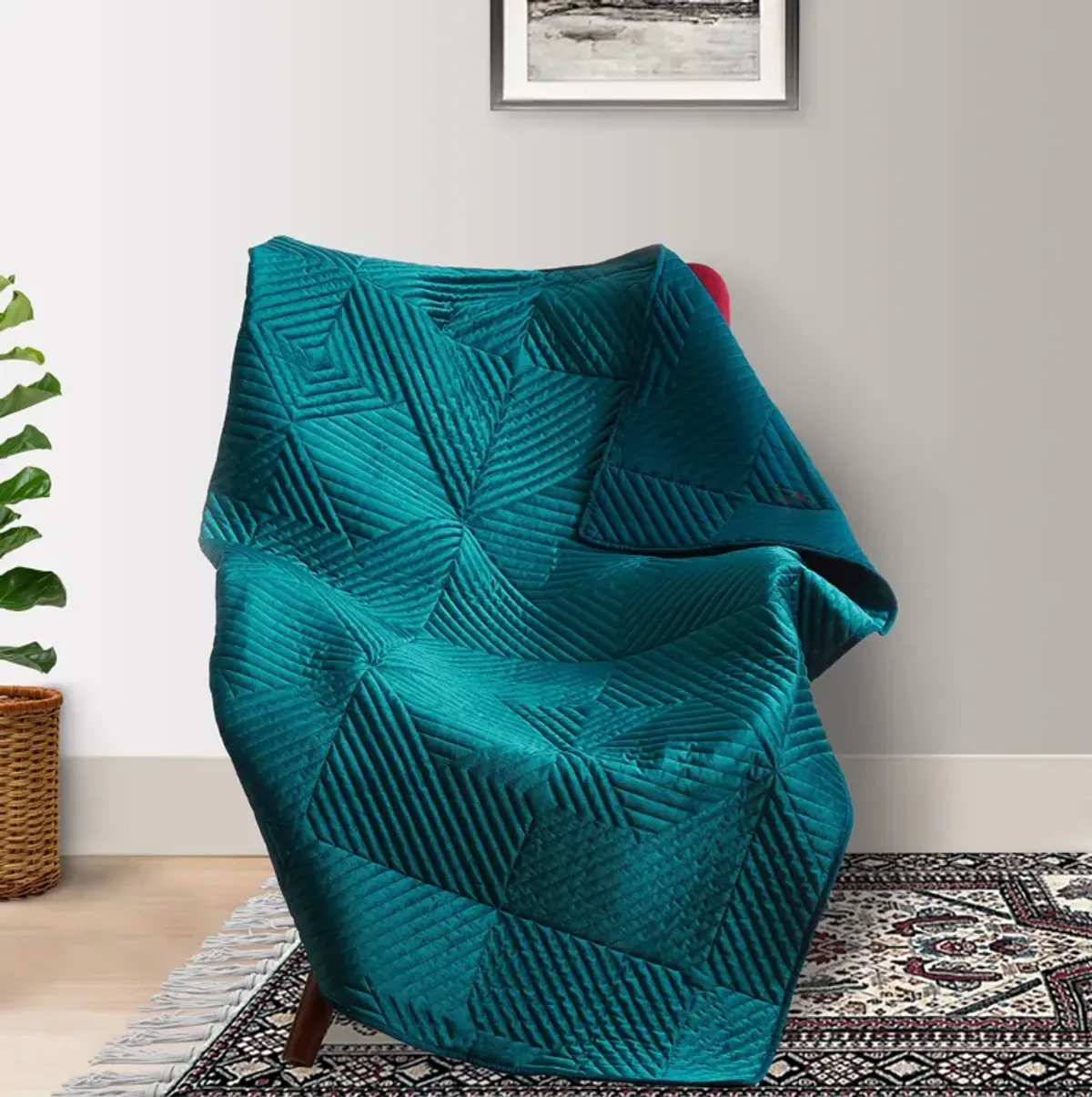 Ahab 60 x 50 Quilted Throw Blanket, Polyester Filling, Teal Dutch Velvet-Benzara