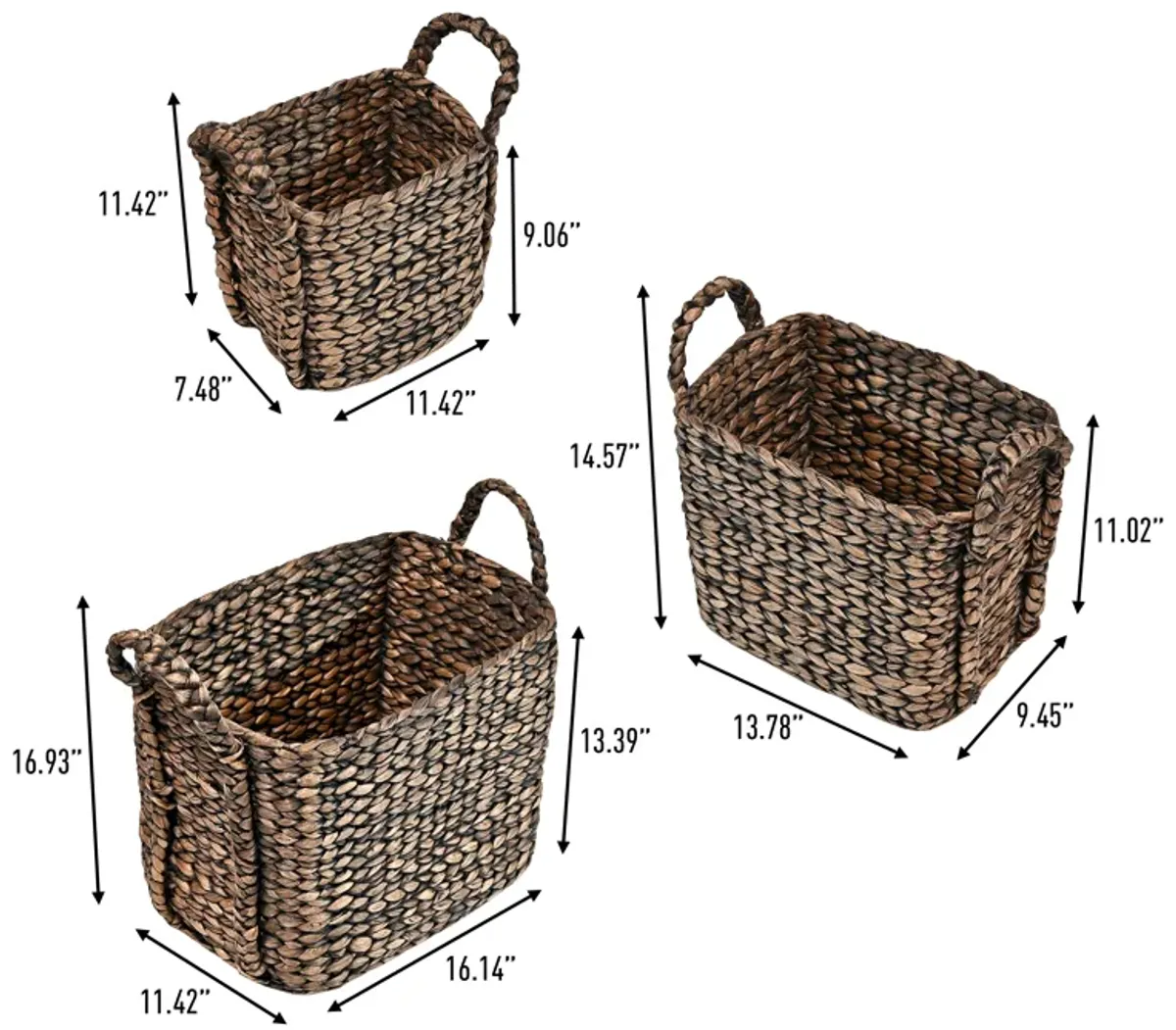 Clara Farmhouse Classic Handwoven Hyacinth Rectangle Storage Floor Baskets with Handles