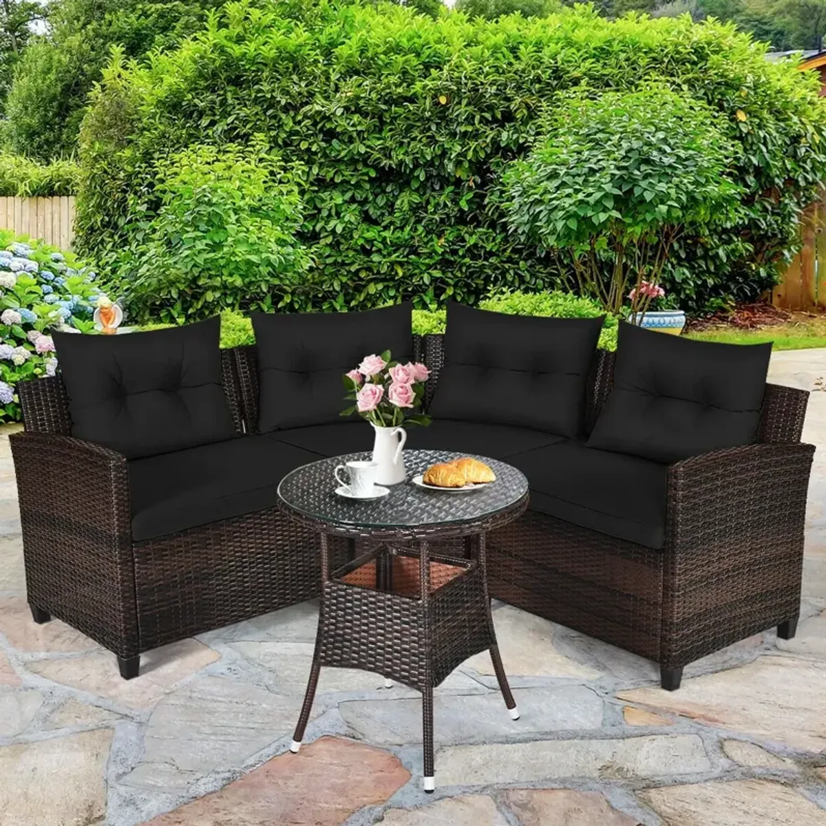 4 Pieces Outdoor Cushioned Rattan Furniture Set