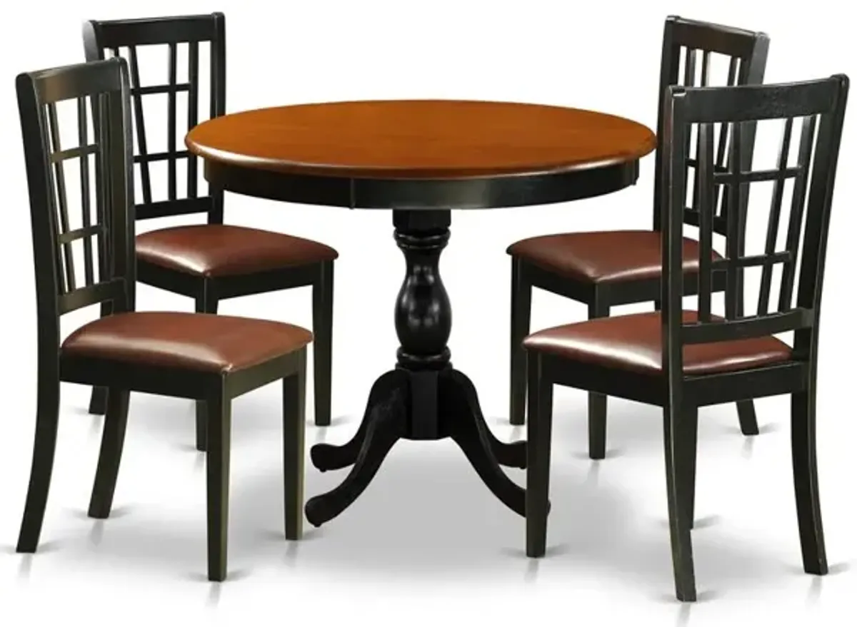 East West Furniture 5-Piece Dinette Set consisting of a Wood Table and 4 Faux Leather Dinner Chairs with Slatted Back- Black Finish