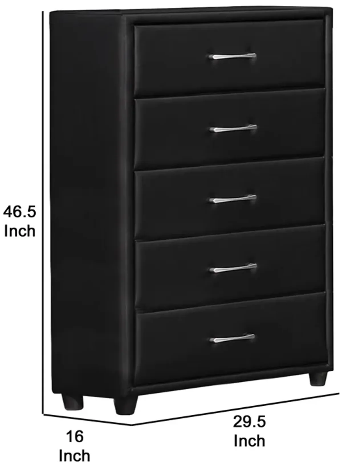 5 Drawer Leatherette Wooden Frame Chest with Tapered legs, Black-Benzara