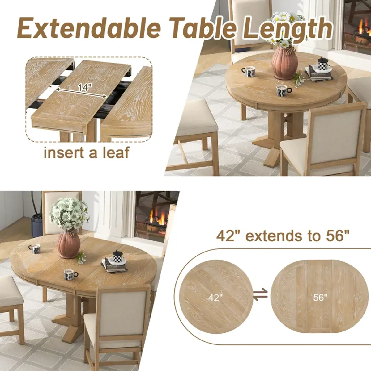 Merax Farmhouse Dining Table Extendable Round Table for Kitchen