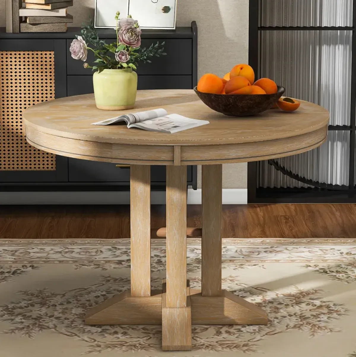 Merax Farmhouse Dining Table Extendable Round Table for Kitchen