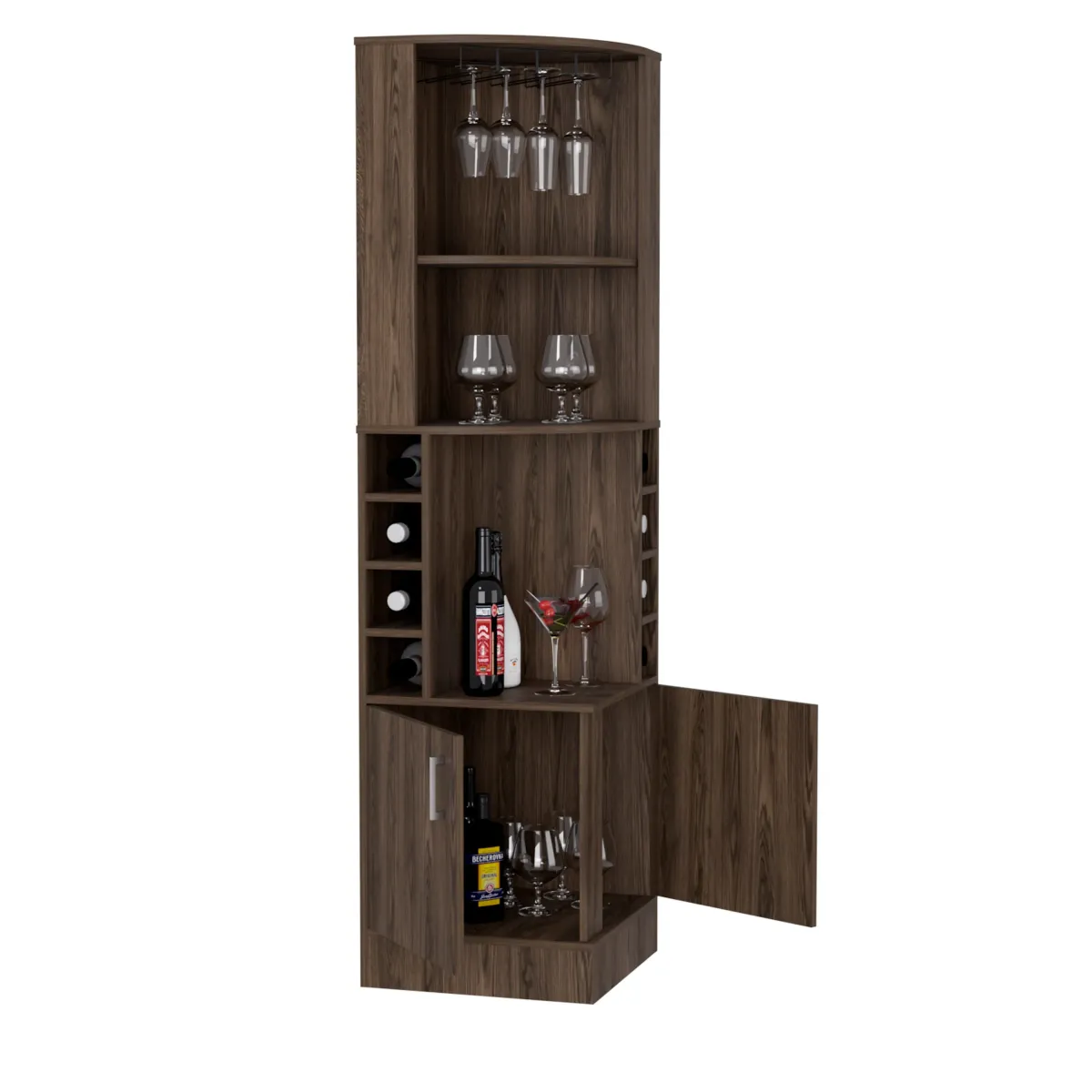 Syrah Corner Bar Cabinet, Eight Bottle Cubbies, Double Door, Two Open Shelves-Black