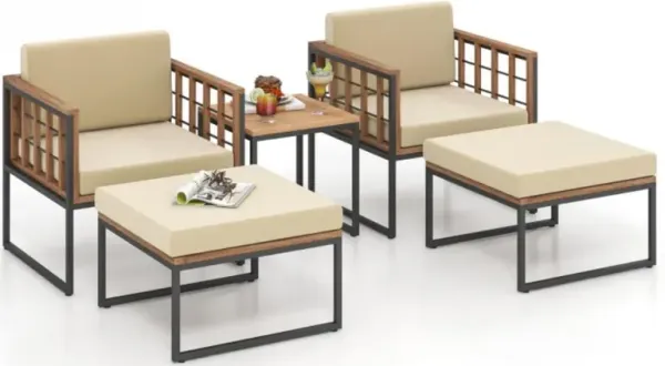 Hivvago 5 Piece Outdoor Furniture Set Acacia Wood Chair Set with Ottomans and Coffee Table