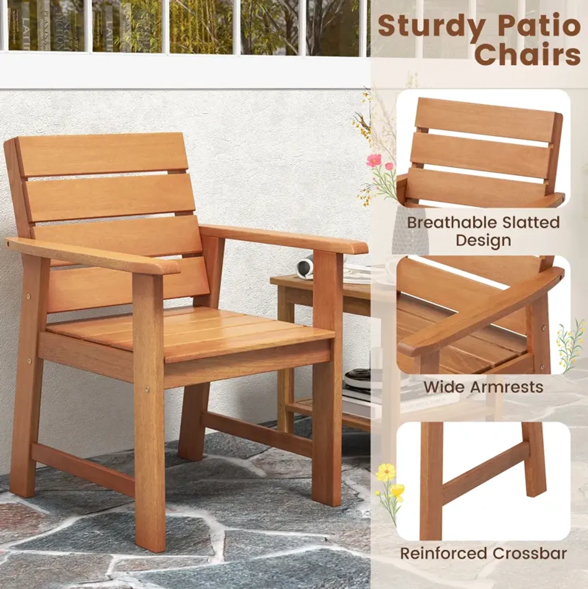 2 Piece Patio Hardwood Chair with Slatted Seat and Inclined Backrest