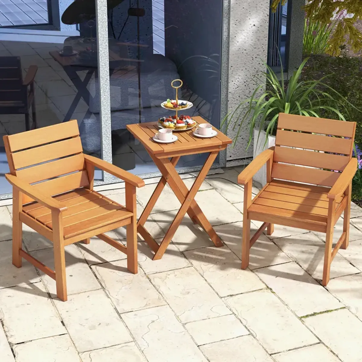 2 Piece Patio Hardwood Chair with Slatted Seat and Inclined Backrest