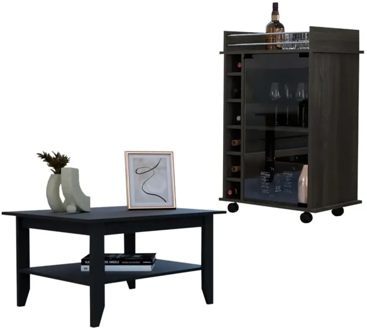 Cabrillo 4-Shelf 2-Piece Living Room Set, Coffee Table And Bar Cabinet Black And Espresso