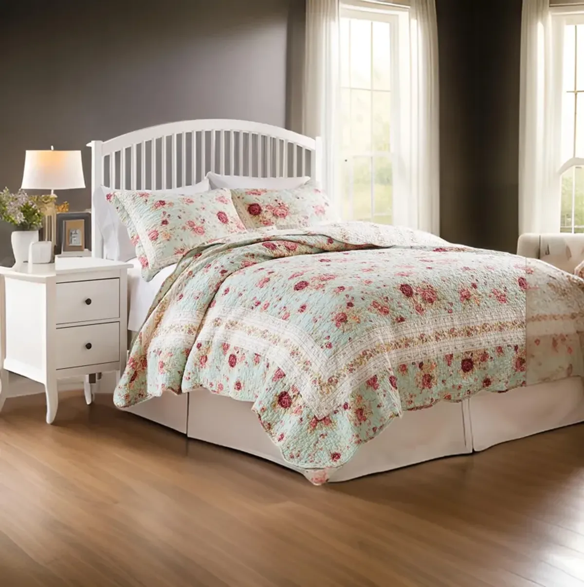 Rosle 3pc King Size Bedspread Set, 2 Shams, Rose Print, Soft Blue Cotton