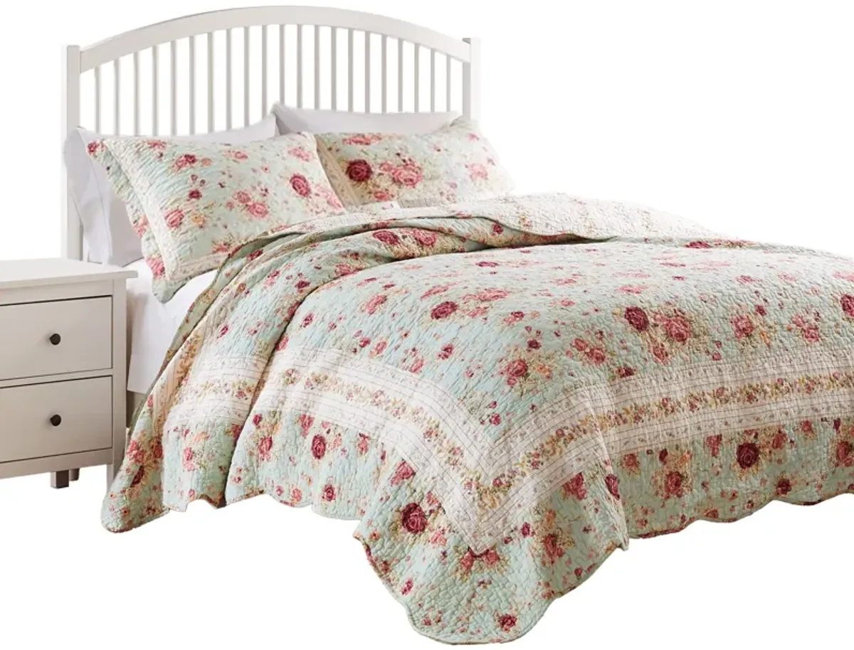 Rosle 3pc King Size Bedspread Set, 2 Shams, Rose Print, Soft Blue Cotton