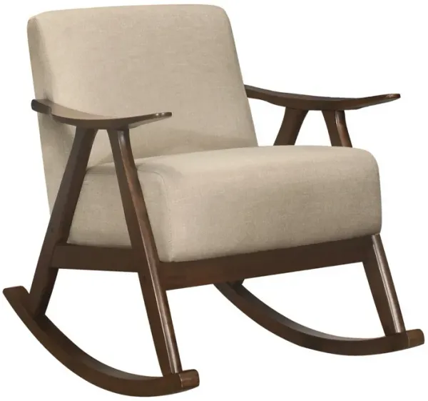 Tim 37 Inch Rocking Armchair, Beige Polyester, Walnut Brown Solid Wood - Benzara