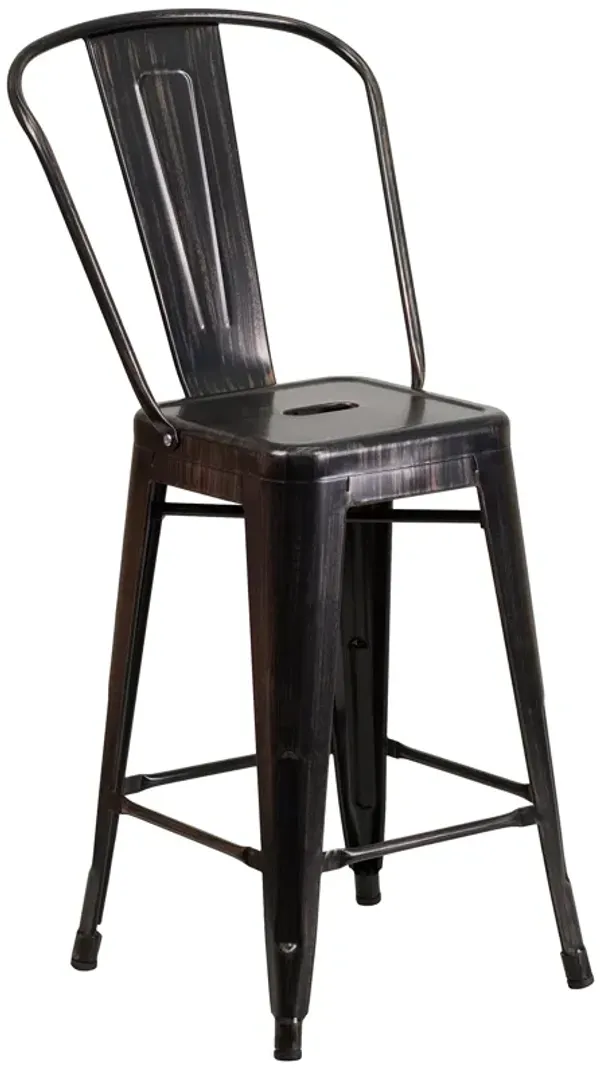 Flash Furniture Commercial Grade 24" High Black-Antique Gold Metal Indoor-Outdoor Counter Height Stool with Removable Back