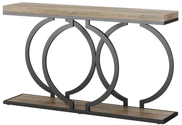 Console Table, 55 Inch Gray Faux Marble, Black Metal Circle O Base