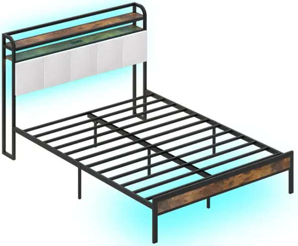 Contemporary Bed Frame with LED Lighting and Charging Station – Space-Saving Platform Bed Design