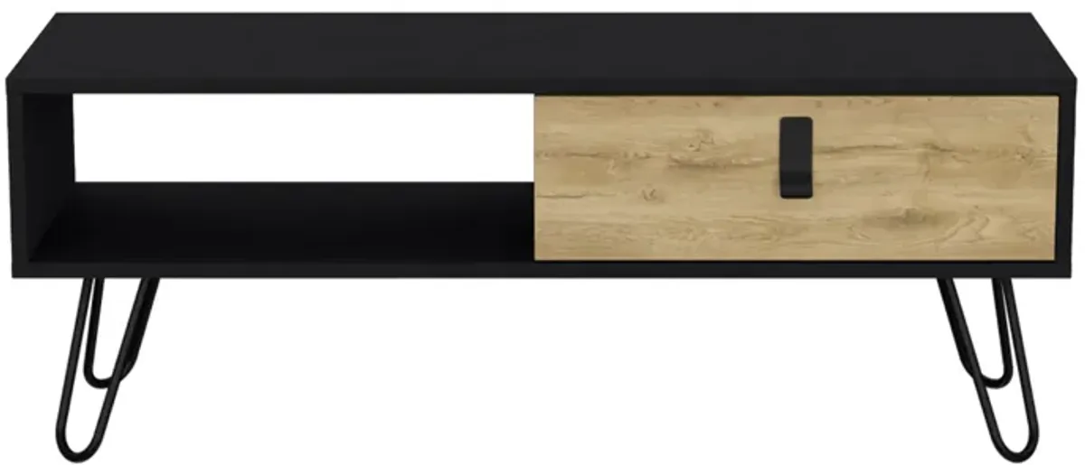 Huna Coffee Table with Hairpin Legs and Ample Storage Drawer-Black / Macadamia