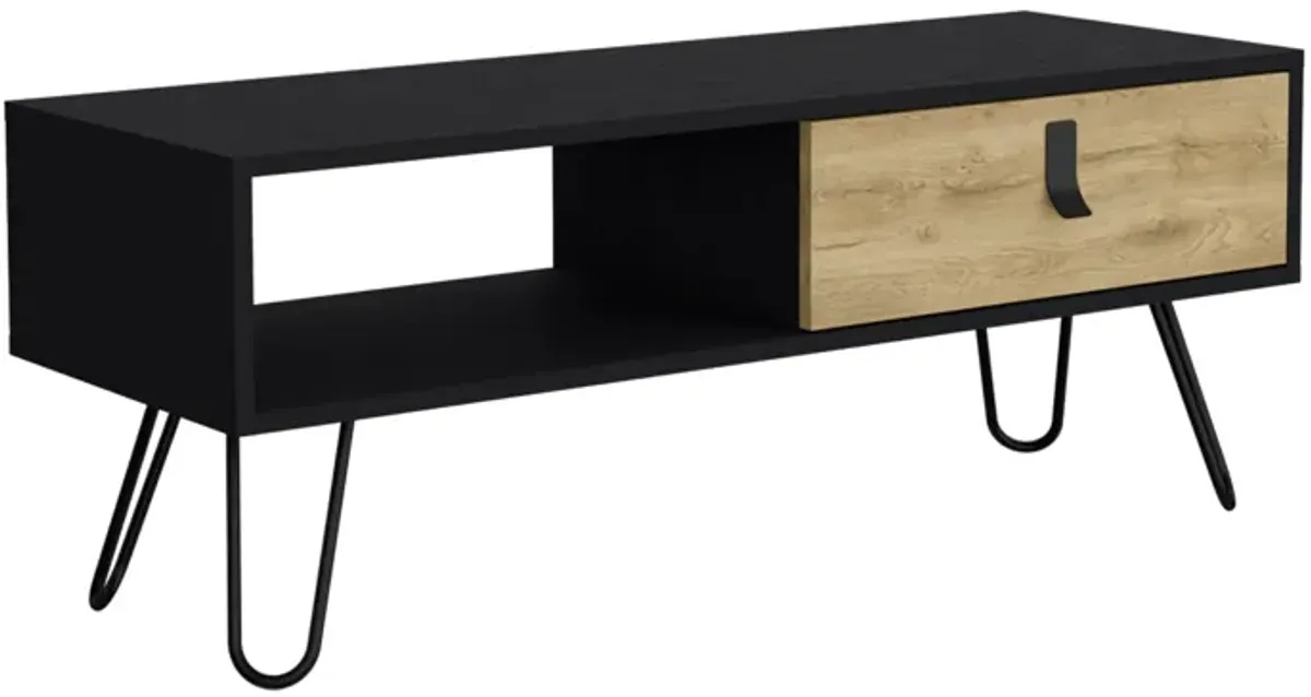 Huna Coffee Table with Hairpin Legs and Ample Storage Drawer-Black / Macadamia