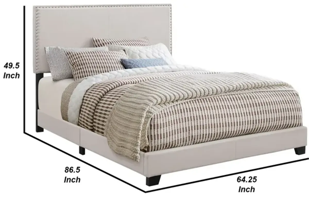 Fabric Upholstered Queen Size Platform Bed with Nail Head Trim, Ivory-Benzara