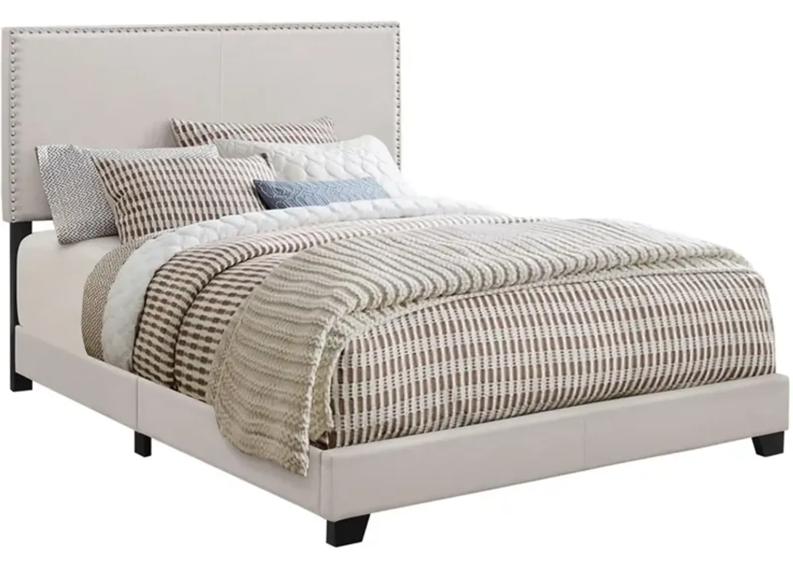 Fabric Upholstered Queen Size Platform Bed with Nail Head Trim, Ivory-Benzara