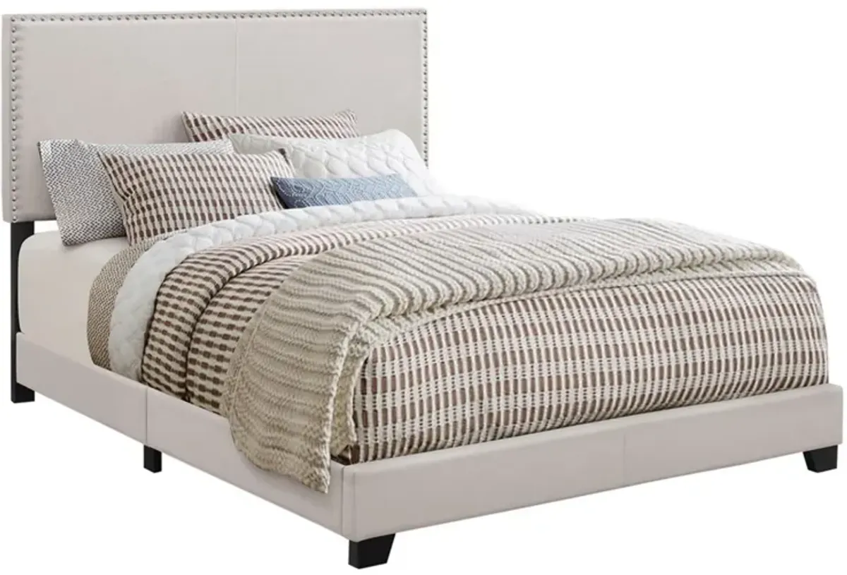 Fabric Upholstered Queen Size Platform Bed with Nail Head Trim, Ivory-Benzara