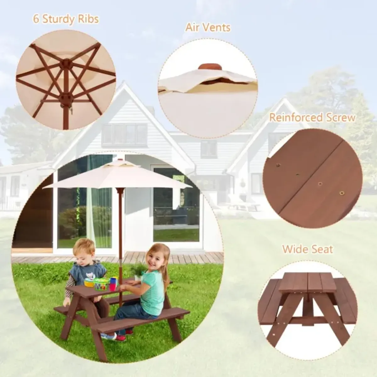 Hivvago Outdoor 4-Seat Kid's Picnic Table Bench with Umbrella