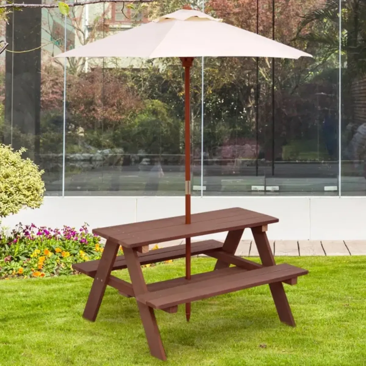 Hivvago Outdoor 4-Seat Kid's Picnic Table Bench with Umbrella