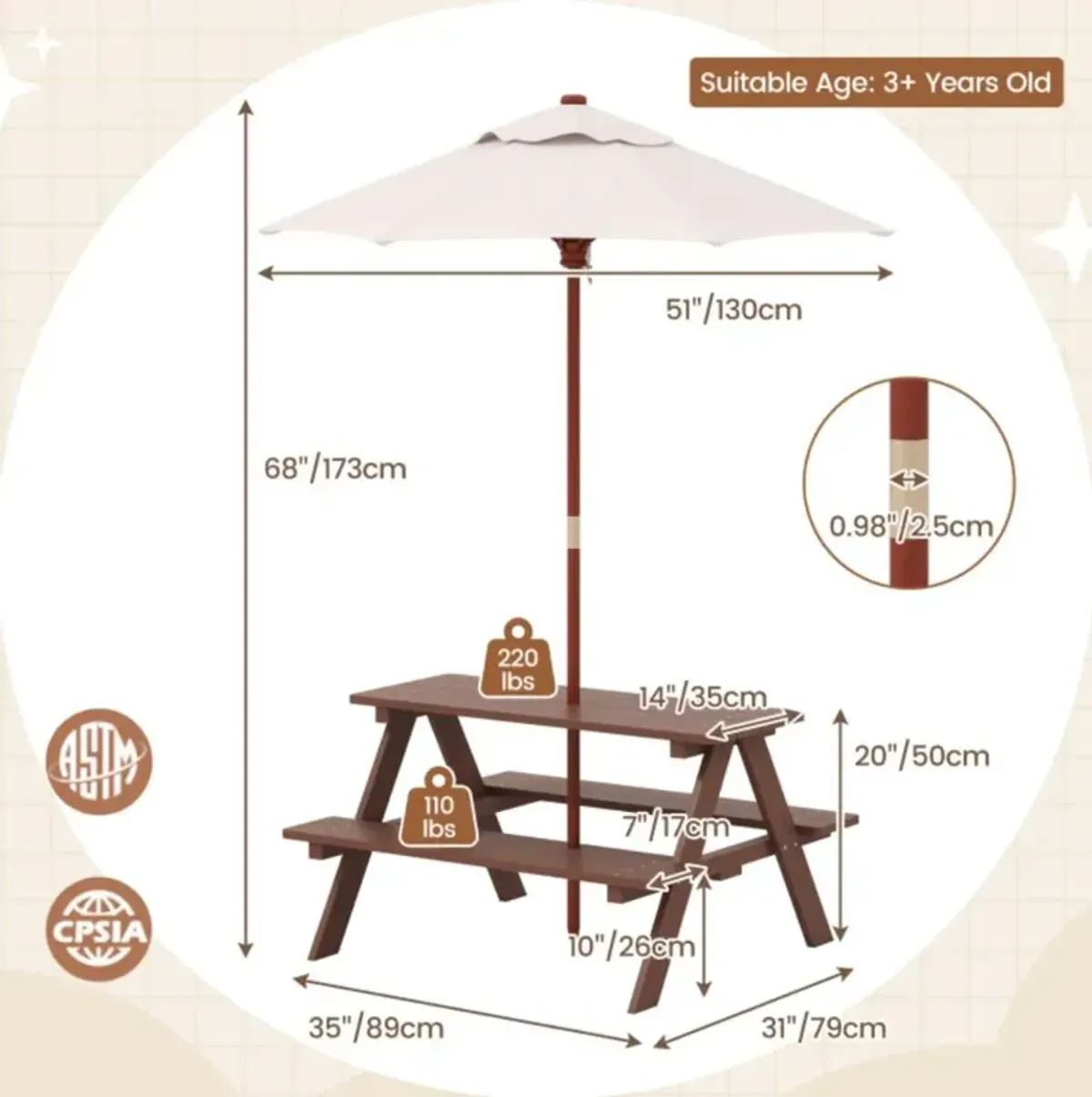 Hivvago Outdoor 4-Seat Kid's Picnic Table Bench with Umbrella