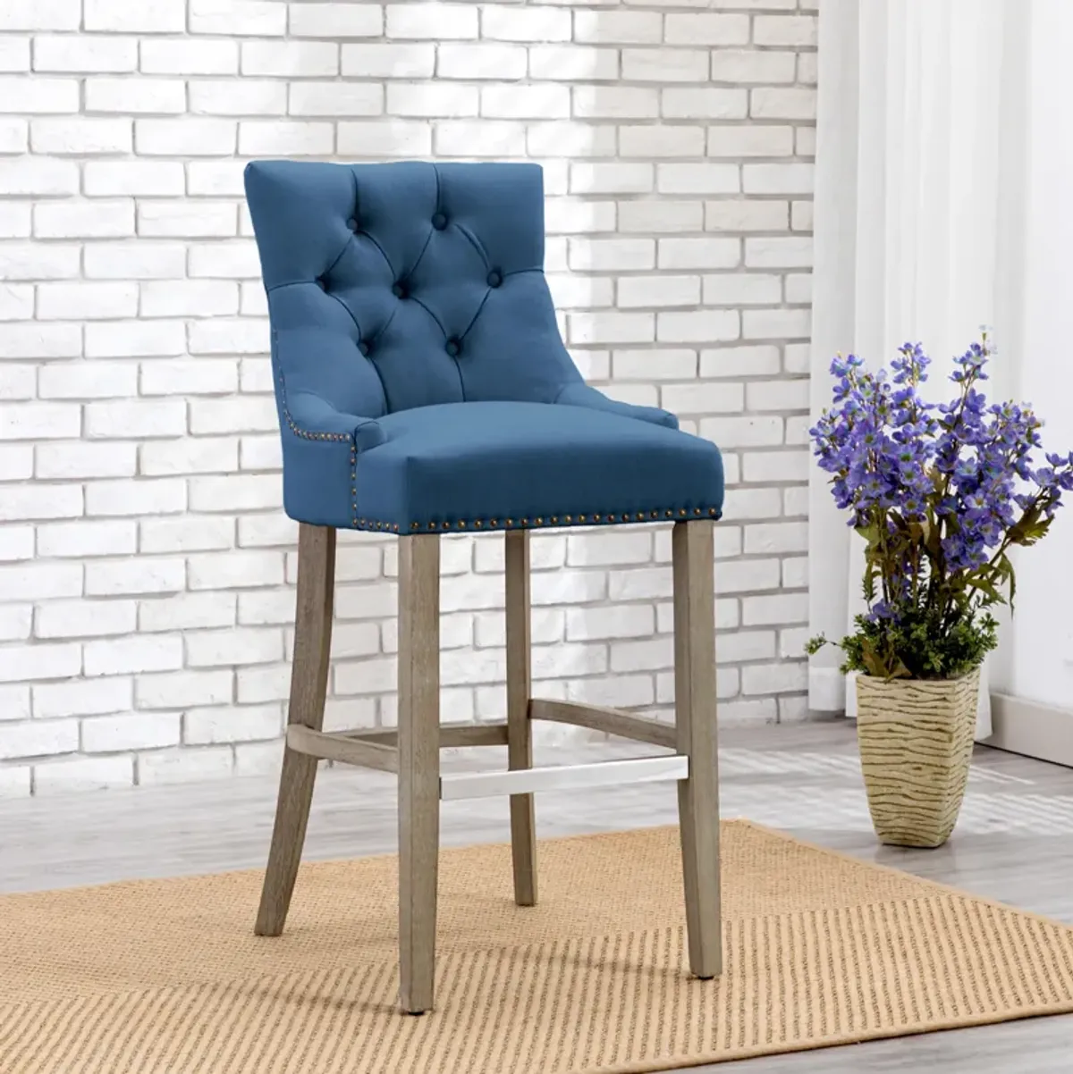 WestinTrends 29" Linen Fabric Tufted Upholstered Bar Stool, Antique Grey