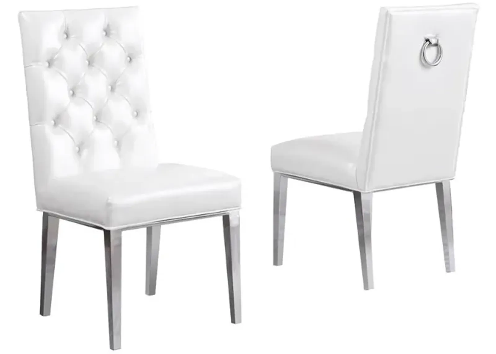 White Faux Leather Tufted Dining Side Chairs, Chrome Legs - Set of 2