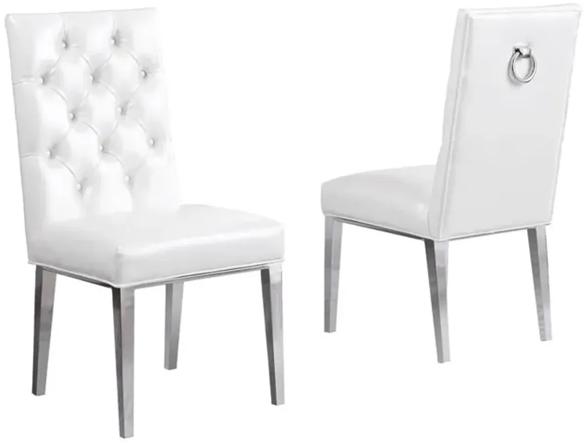 White Faux Leather Tufted Dining Side Chairs, Chrome Legs - Set of 2