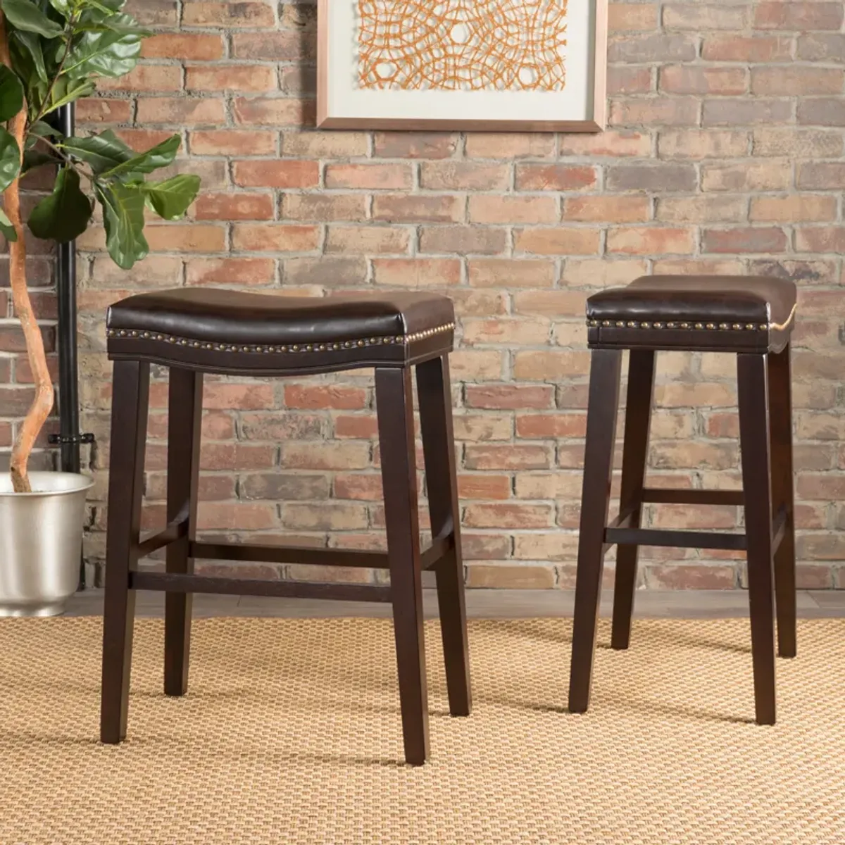 Elegant Saddle Shaped Bar Stools with Studded Cushioned Seat and Rubberwood Legs