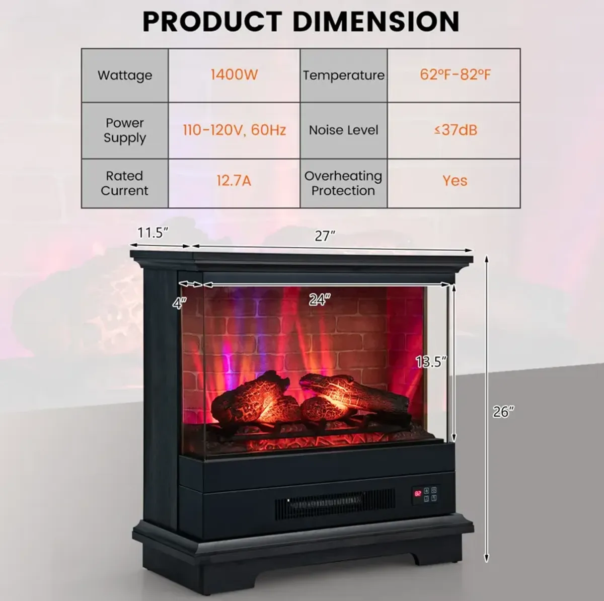 27 Inch Freestanding Fireplace with Remote Control