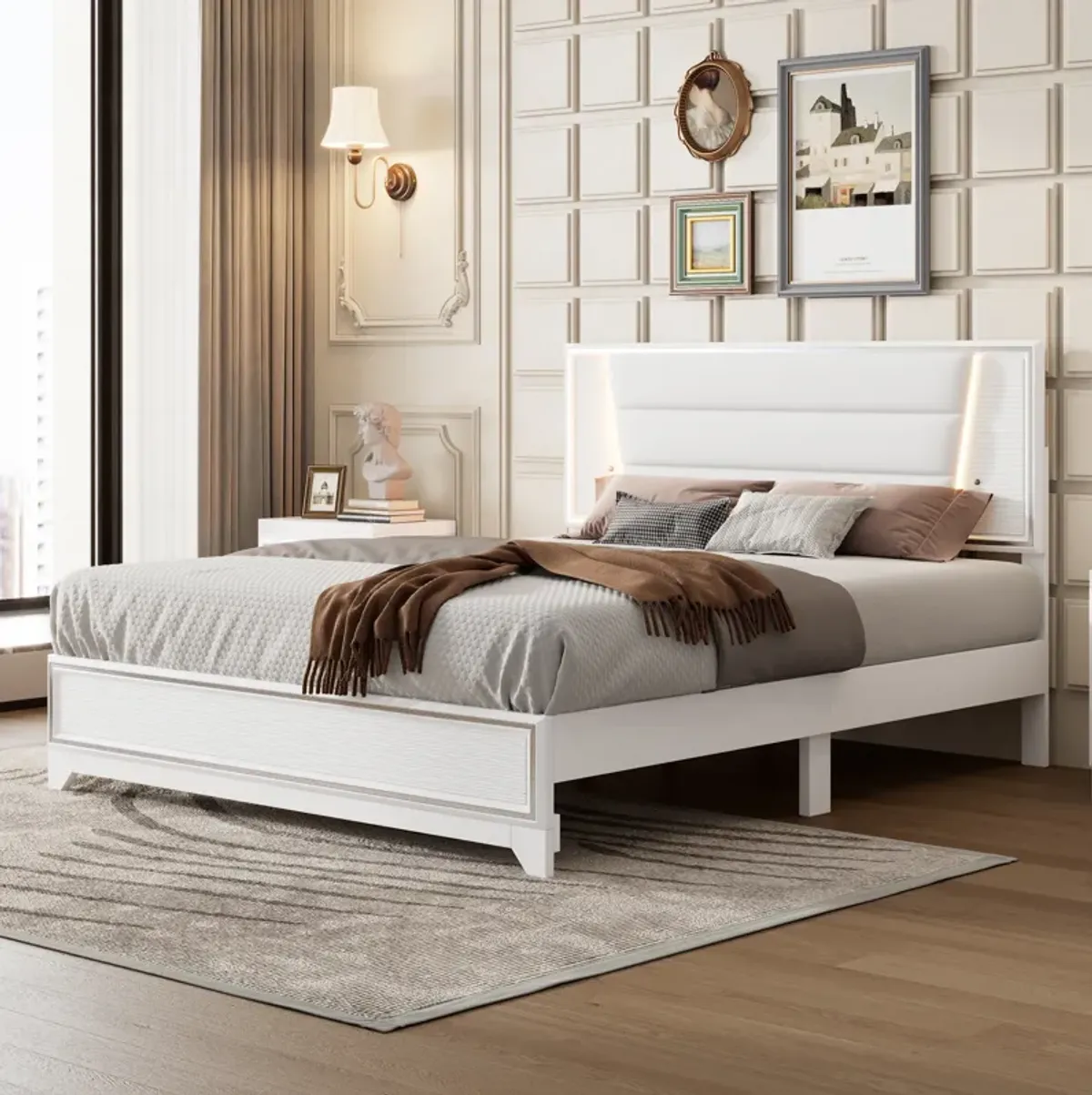 Merax PU Upholstered  Platform Bed  with LED Light