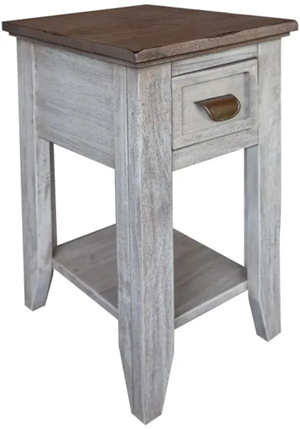 Benjara Side Kohl 26 Inch Chairside Table, Single Drawer, Mango Wood, Brown, White