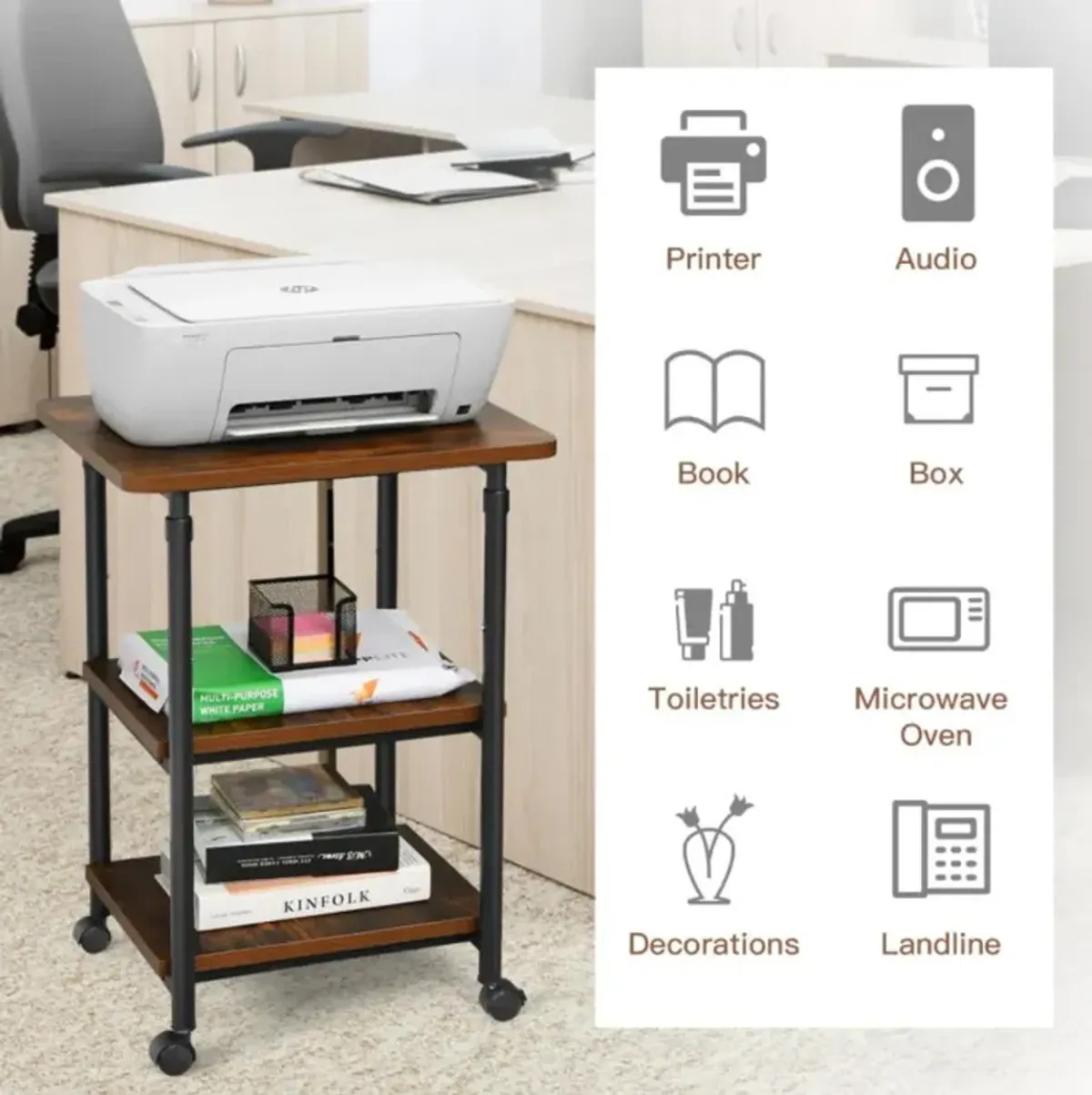 Hivvago 3-tier Adjustable Printer Stand with 360Â° Swivel Casters