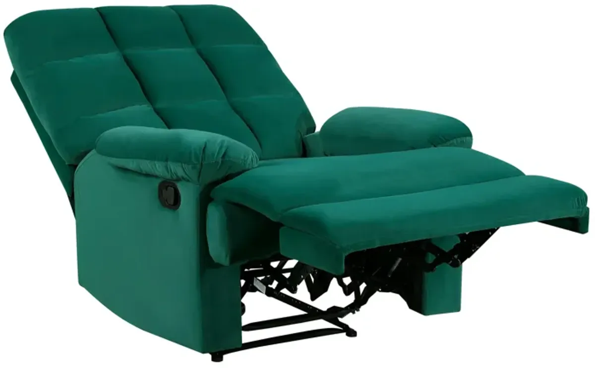 Patty 36 Inch Manual Recliner Chair, Cushioned, Green Velvet, Solid Wood - Benzara