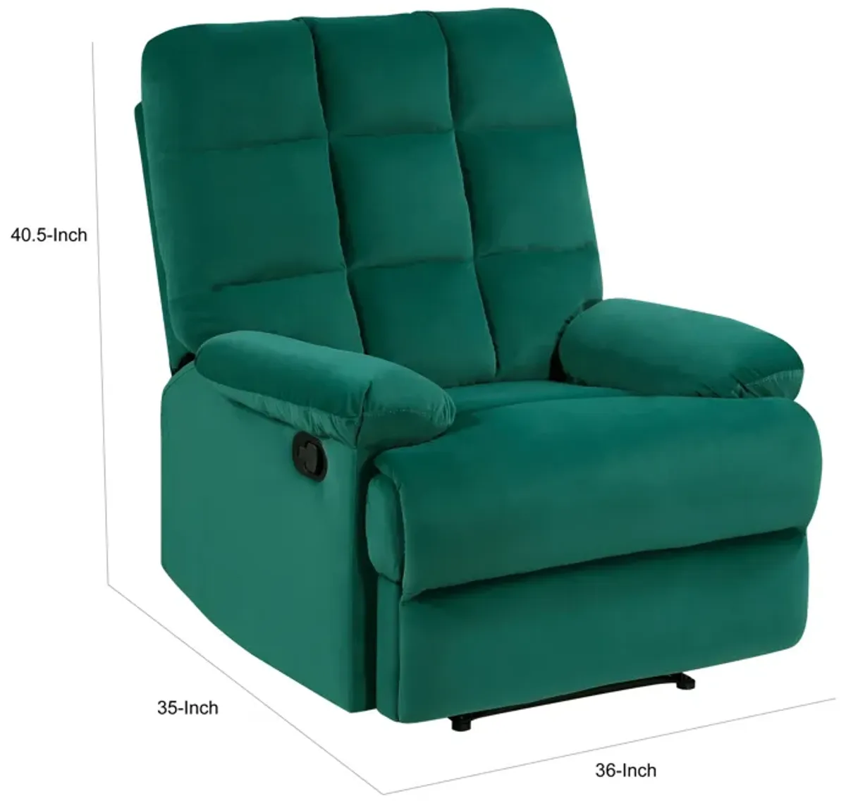 Patty 36 Inch Manual Recliner Chair, Cushioned, Green Velvet, Solid Wood - Benzara