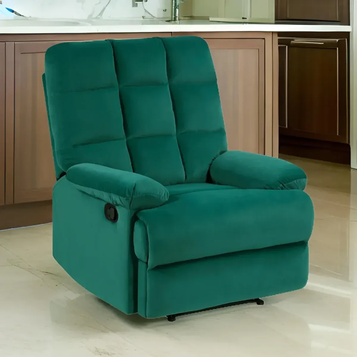 Patty 36 Inch Manual Recliner Chair, Cushioned, Green Velvet, Solid Wood - Benzara