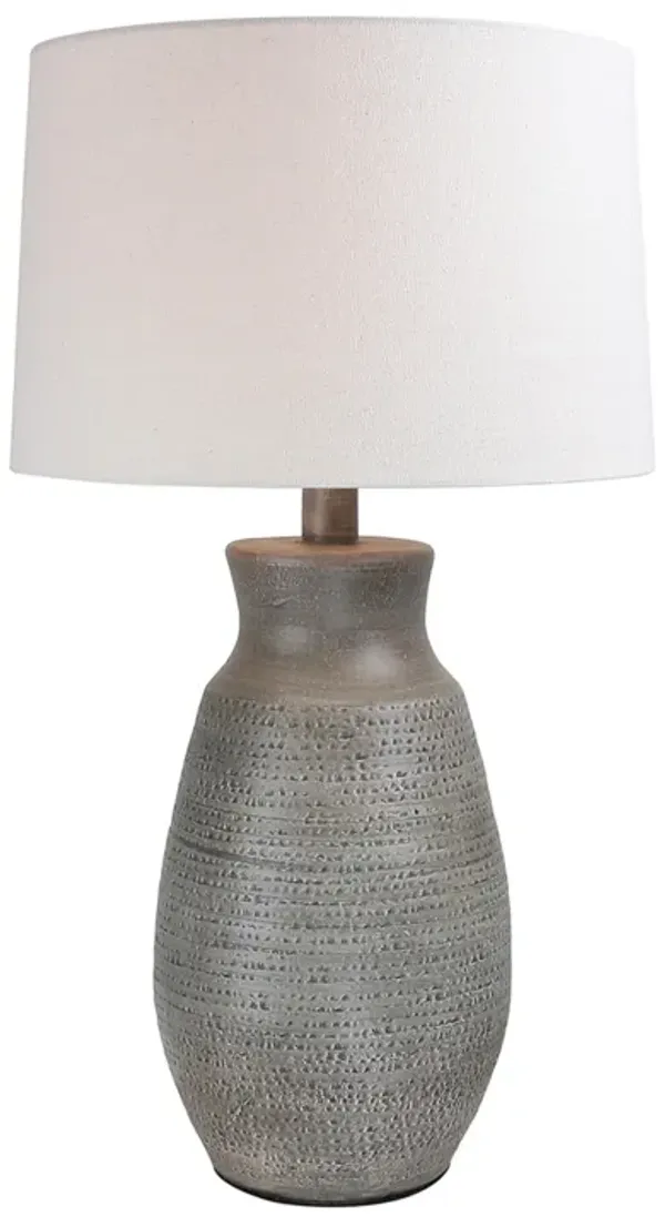 Benjara BM304889 28 in. Tia Vase Shaped Body Table Lamp White Drum Shade Rustic Clay