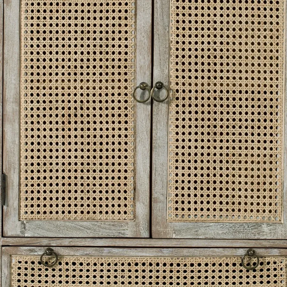 38 Inch 2 Door Cabinet, 1 Drawer, Acacia Wood, Cane Front, Weathered White - Benzara