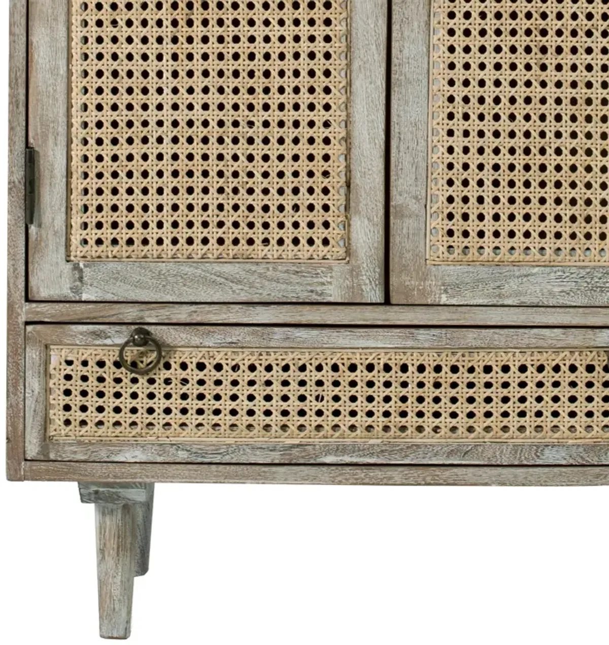 38 Inch 2 Door Cabinet, 1 Drawer, Acacia Wood, Cane Front, Weathered White - Benzara