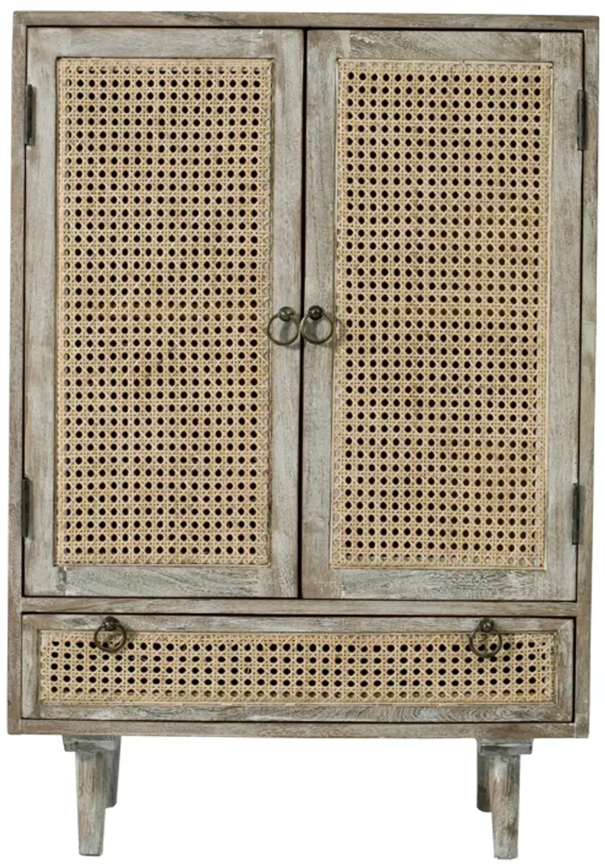 38 Inch 2 Door Cabinet, 1 Drawer, Acacia Wood, Cane Front, Weathered White - Benzara