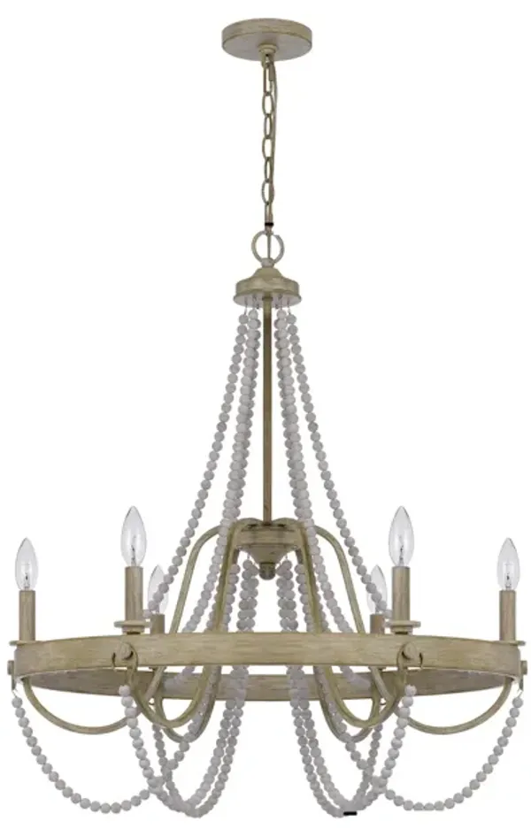 Maci 28 Inch Chandelier, White Beaded Candelabra Design, Brown Wood - Benzara