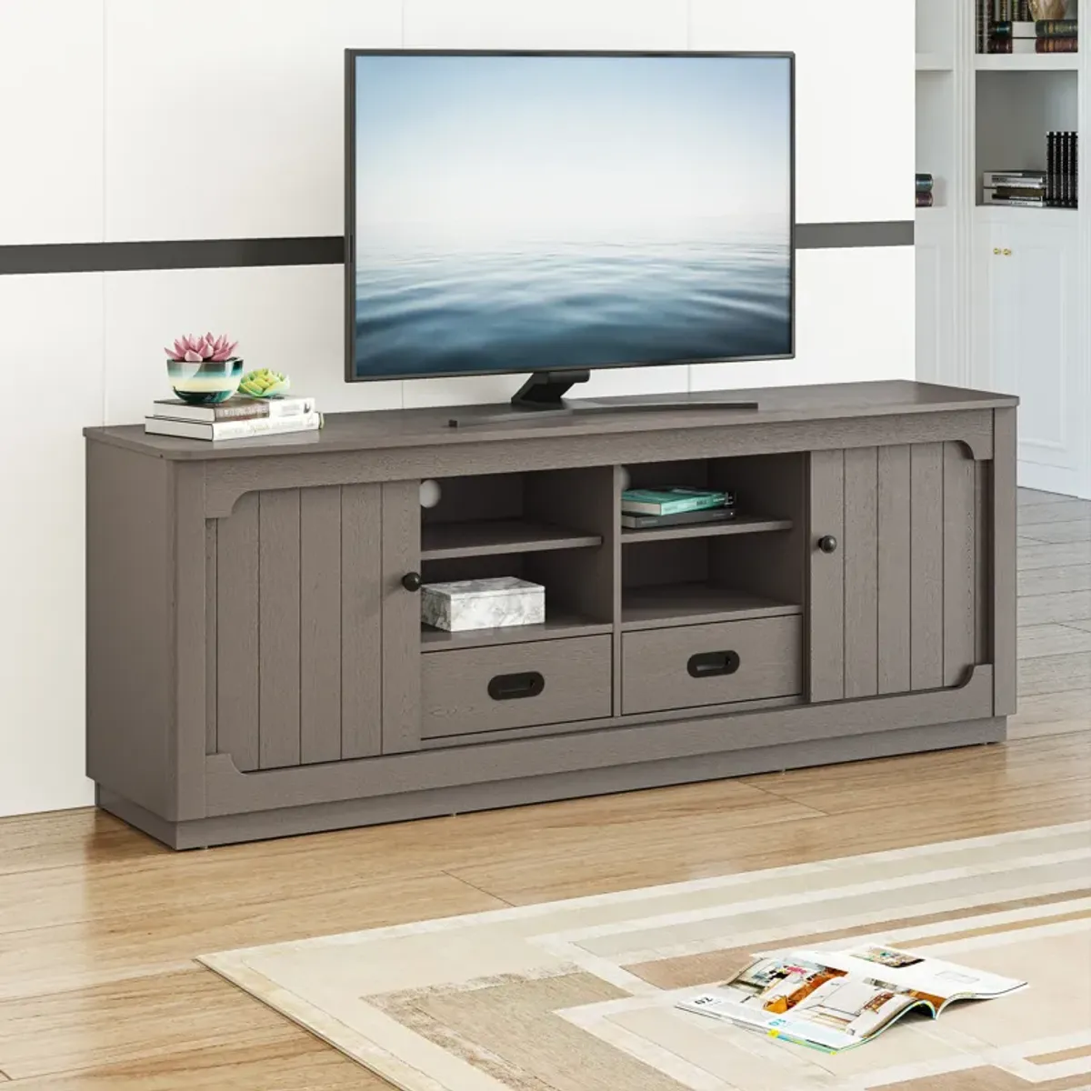 FESTIVO Modern TV Stand with Sliding Doors and 2 Drawers for TVs Up to 70"