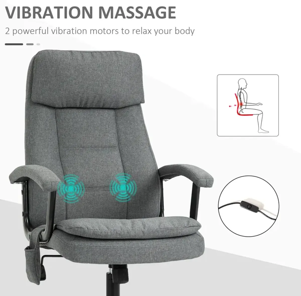 Grey Massage Office Chair: High-Back with 2-Point Vibration