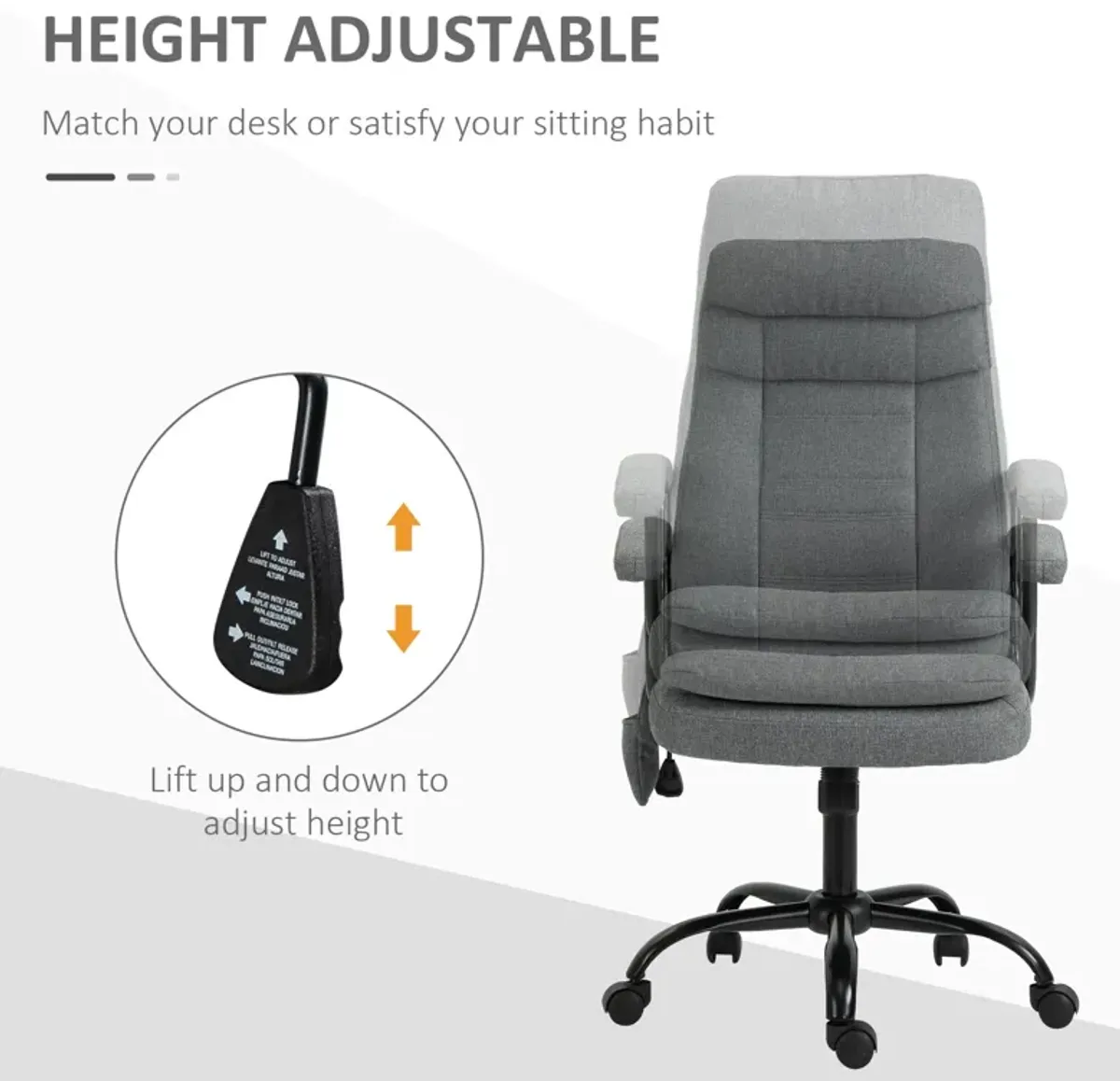 Grey Massage Office Chair: High-Back with 2-Point Vibration