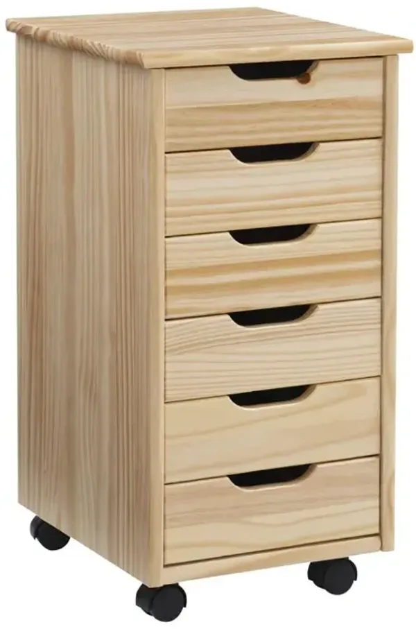 Linon Cary Six Drawer Rolling Storage Cart, Natural