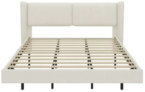 King Velvet Floating Bed Frame with Wood & Metal, Beige Upholstered King Size Bed