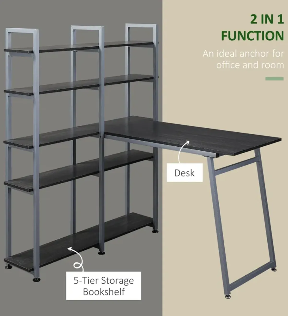 Wooden Modern 49" Corner Writing Table with 5 Storage Shelves